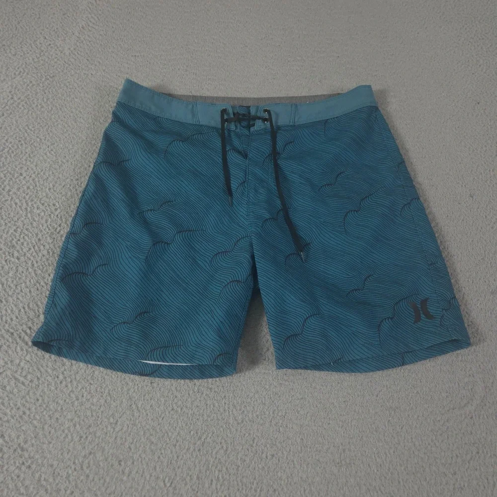 Hurley Shorts Mens 30 Teal Boardshorts Swim Trunks Wave Print Lace Up Active